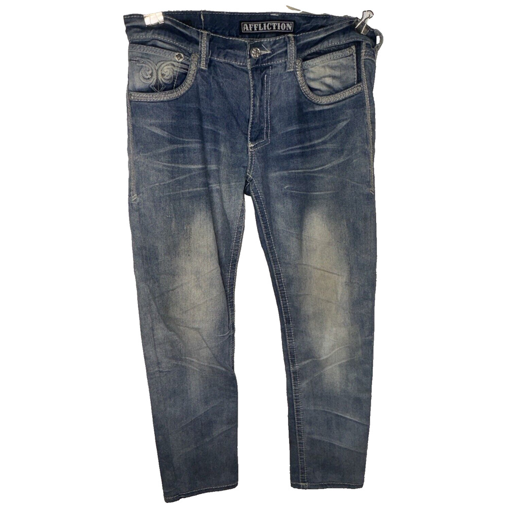 AFFLICTION jeans ACE SZ 34 x 30 STRAIGHT EMBROIDERED POCKETS JEANS